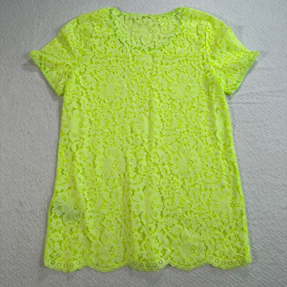 Madewell Neon Green Lace Tunic Top Womens X-Small Short Sleeve Scallop Hem Sheer - Picture 9 of 9